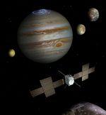 Copyright: Spacecraft: ESA/ATG medialab; Jupiter: NASA/ESA/J. Nichols (University of Leicester); Ganymede: NASA/JPL; Io: NASA/JPL/University of Arizona; Callisto and Europa: NASA/JPL/DLR